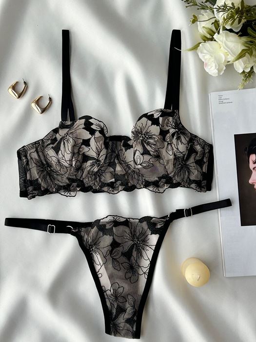 Siyah Kahve Çiçek Desenli Tangalı Sütyen Takımı resmi