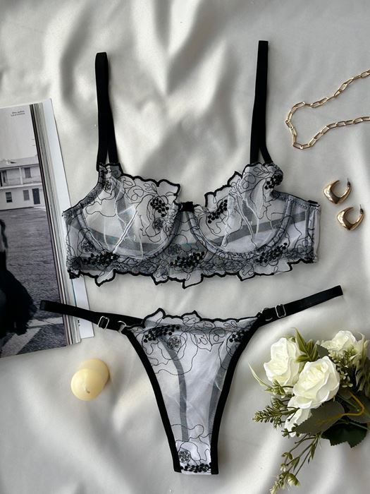 Siyah Beyaz Transparan Tangalı Sütyen Takımı resmi