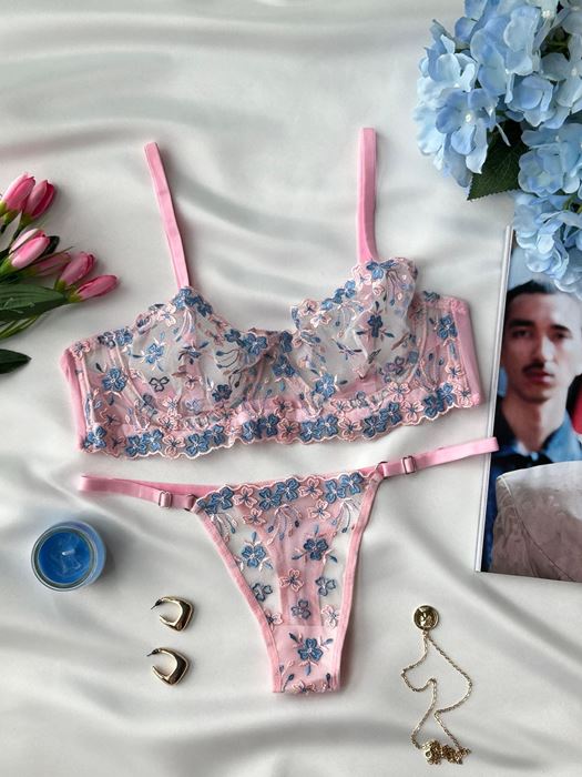 Pembe Mavi Çiçek Desenli Tangalı Sütyen Takımı resmi