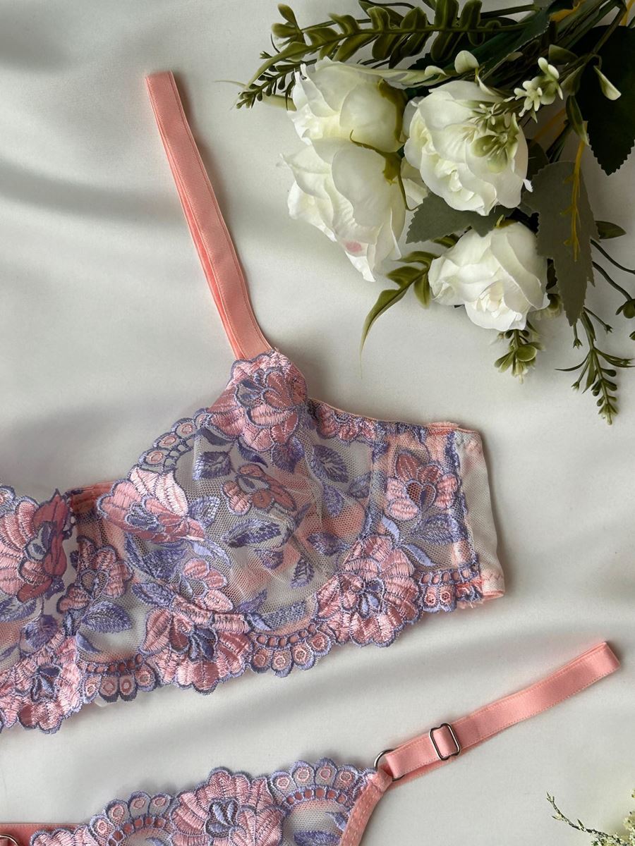 Mor Pembe Çiçek Desenli Tangalı Sütyen Takımı resmi