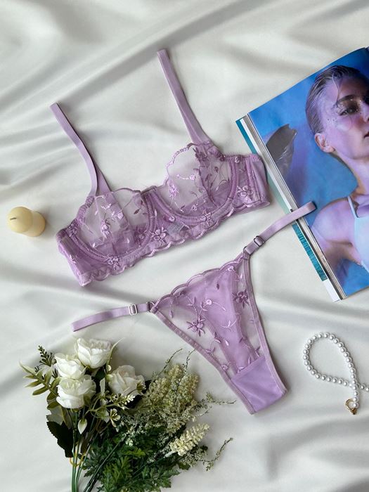 Lila Çiçekli Tangalı Sütyen Takımı resmi