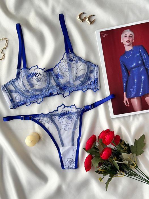 Lacivert Çiçekli Transparan Tangalı Sütyen Takımı resmi