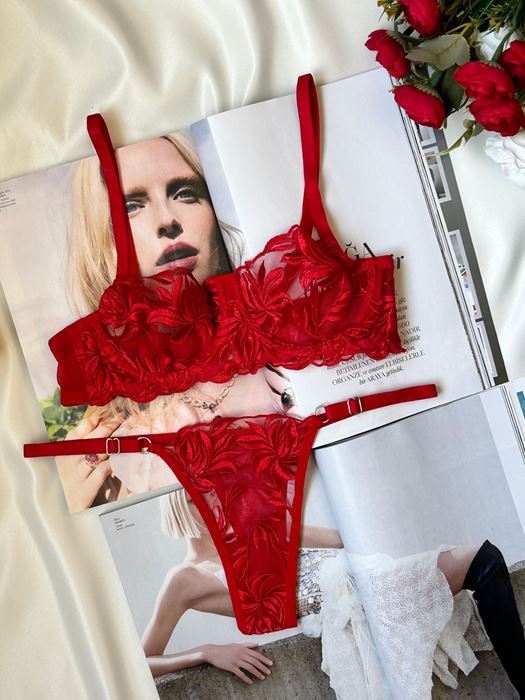 Kırmızı Çiçekli Tangalı Sütyen Takımı resmi