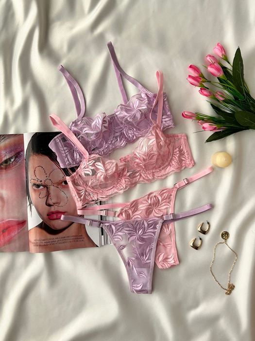 2'li Çiçekli Pembe Lila Tangalı Sütyen Takımı resmi