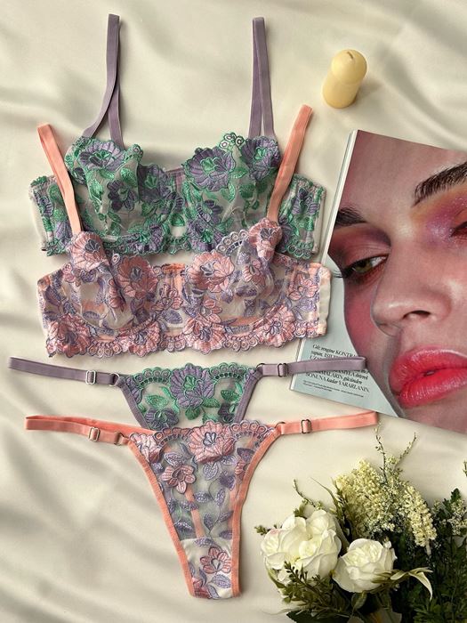 2'li Çiçekli Mor Yeşil Pembe Tangalı Sütyen Takımı resmi