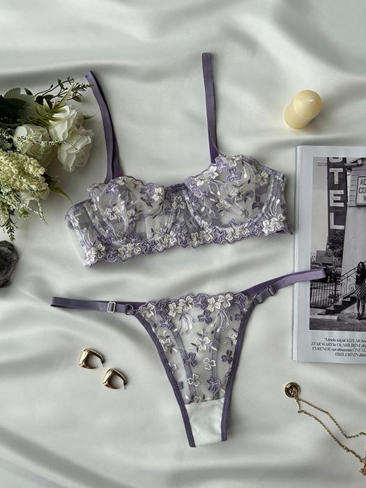 Lila Çiçekli Transparan Tangalı Sütyen Takımı resmi