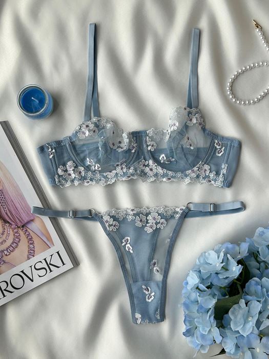 Mavi Beyaz Çiçekli Transparan Tangalı Sütyen Takımı resmi